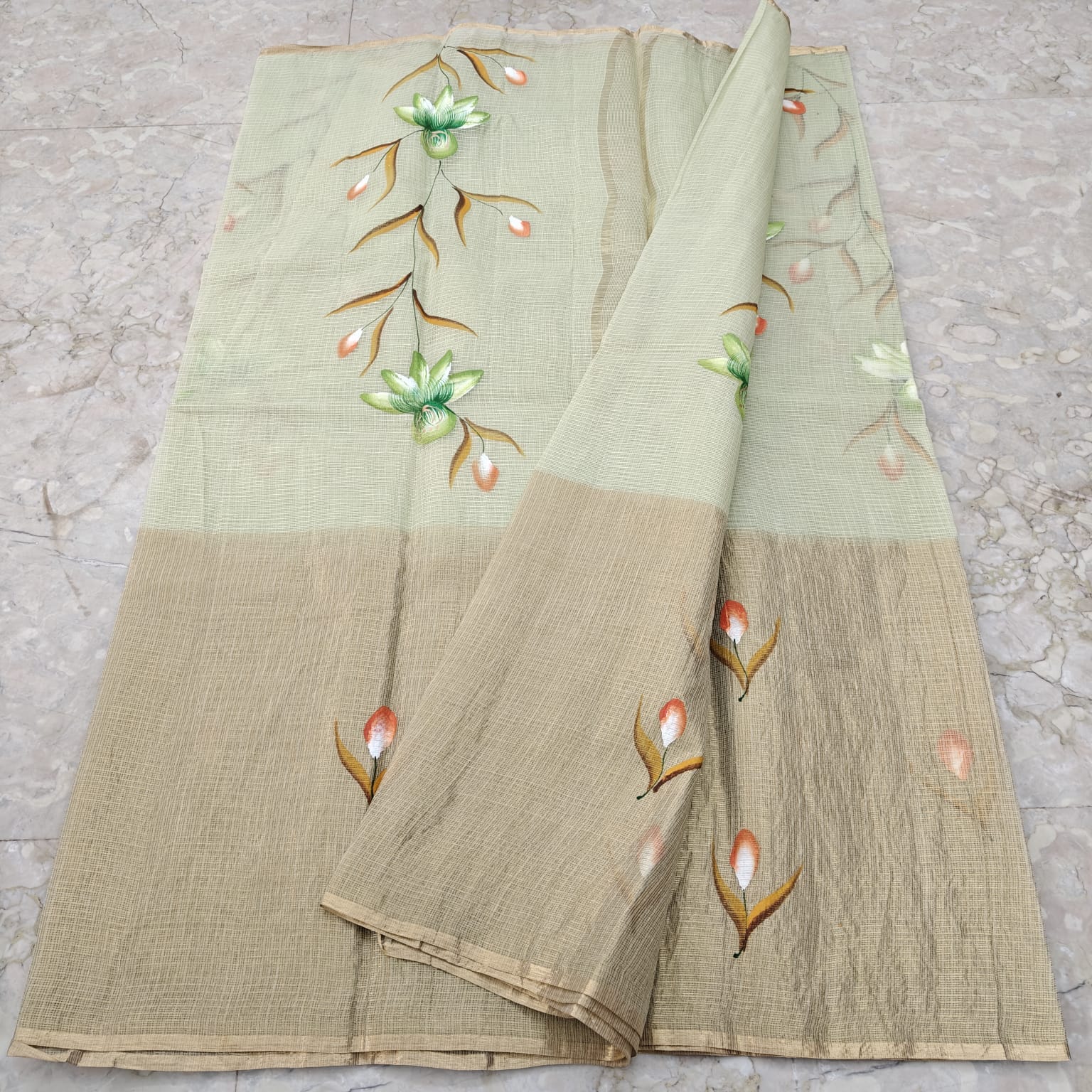 Pure Cotton Kota Half Tissue Hand Brush Paint Saree