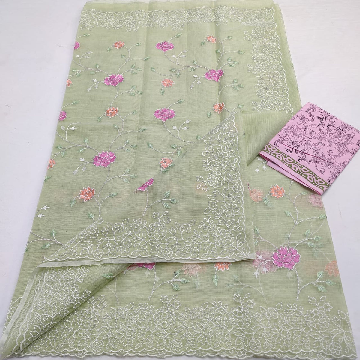 Kota Doria Mix Cotton Saree with Embroidery