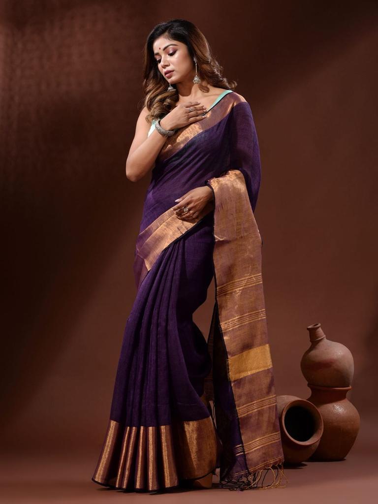Linen Saree with Copper Zari Border