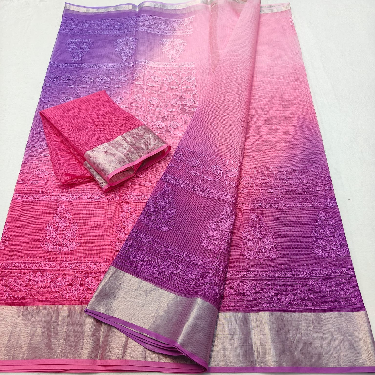 Kota Doria Chickenkari Embroidery Saree