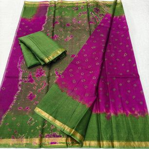 Kota Doria Pure Silk Saree with Hand Dye Bandhej
