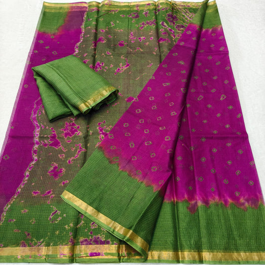 Kota Doria Pure Silk Saree with Hand Dye Bandhej