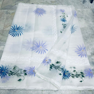 Kota Doria Crochet Lace Saree with Hand Painting