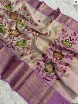 Hand Printed Tissue Bridal Saree with Mirror & Lace Work