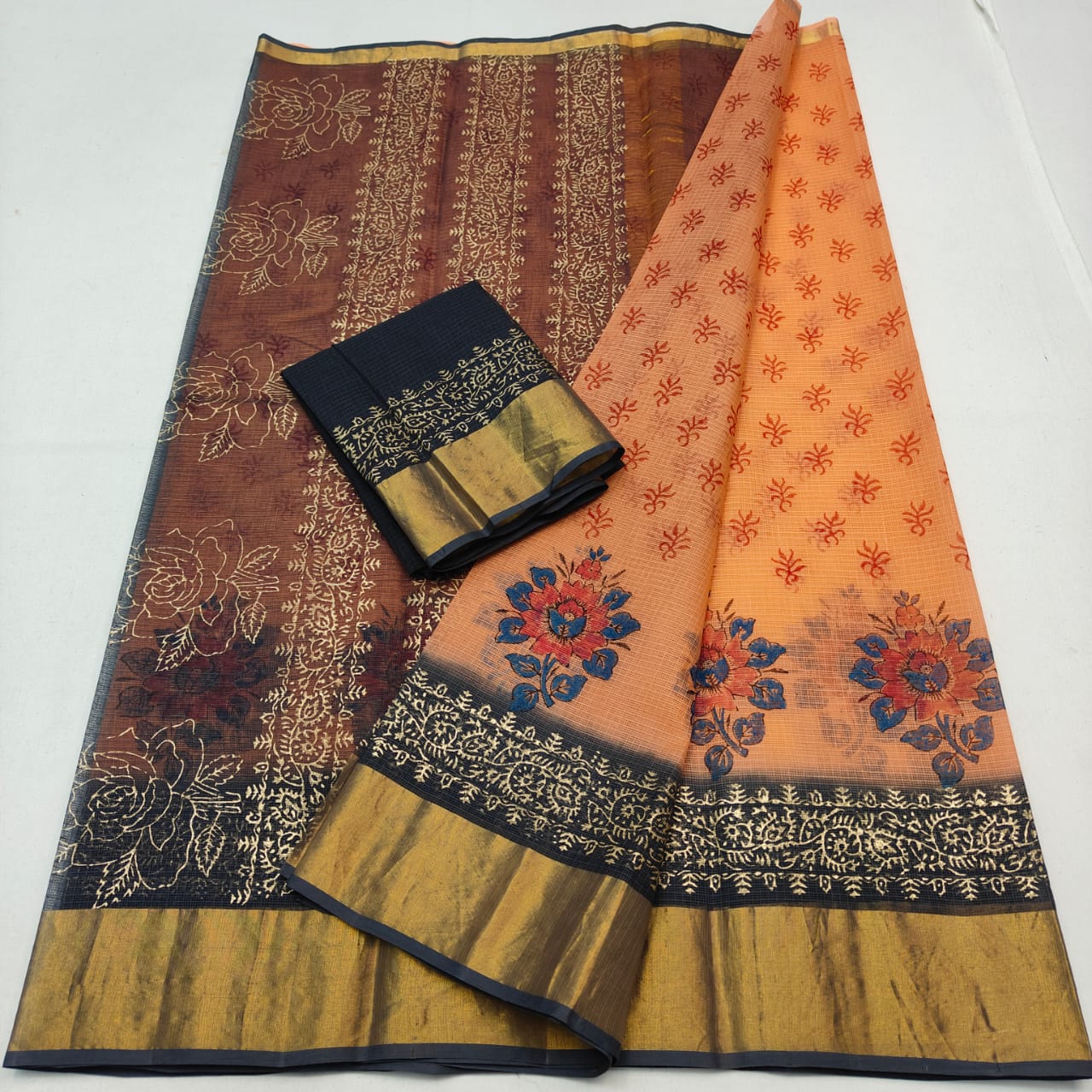 Kota Doria Pure Cotton Hand-Dyed Block Print Saree