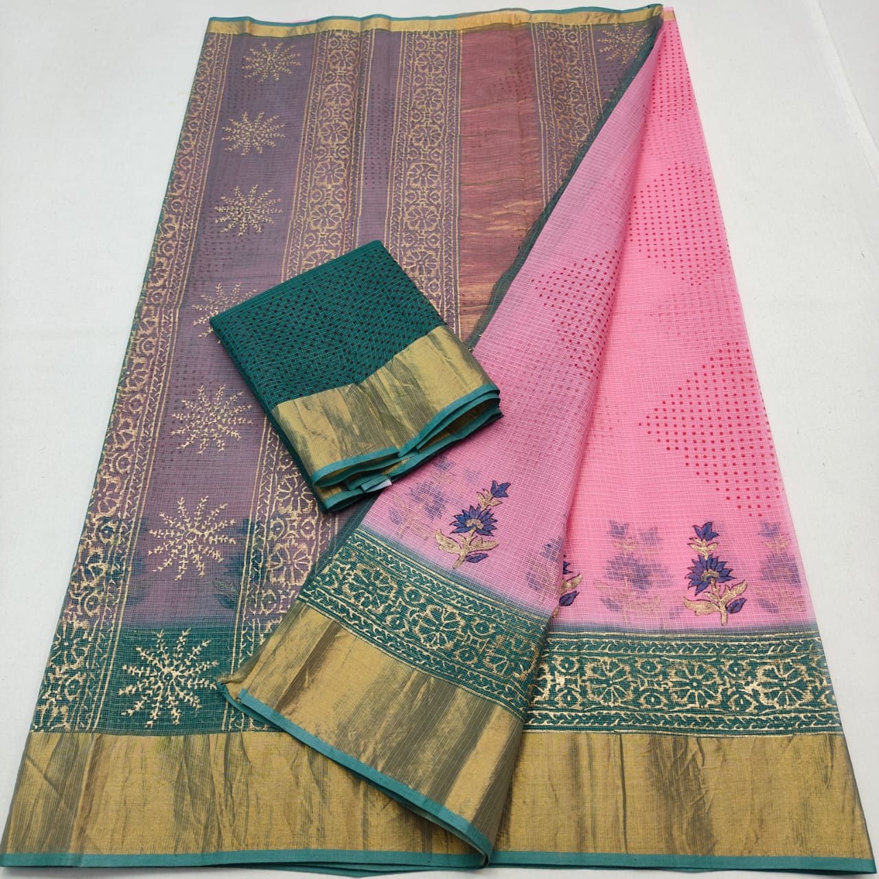 Kota Doria Pure Cotton Hand-Dyed Block Print Saree