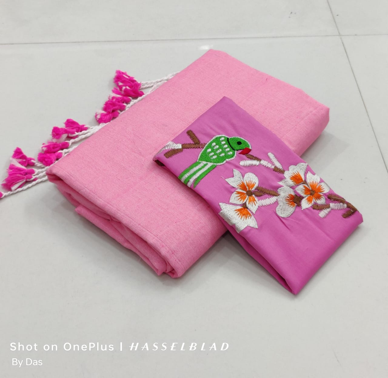 Plain cotton saree with embroidered blouse piece