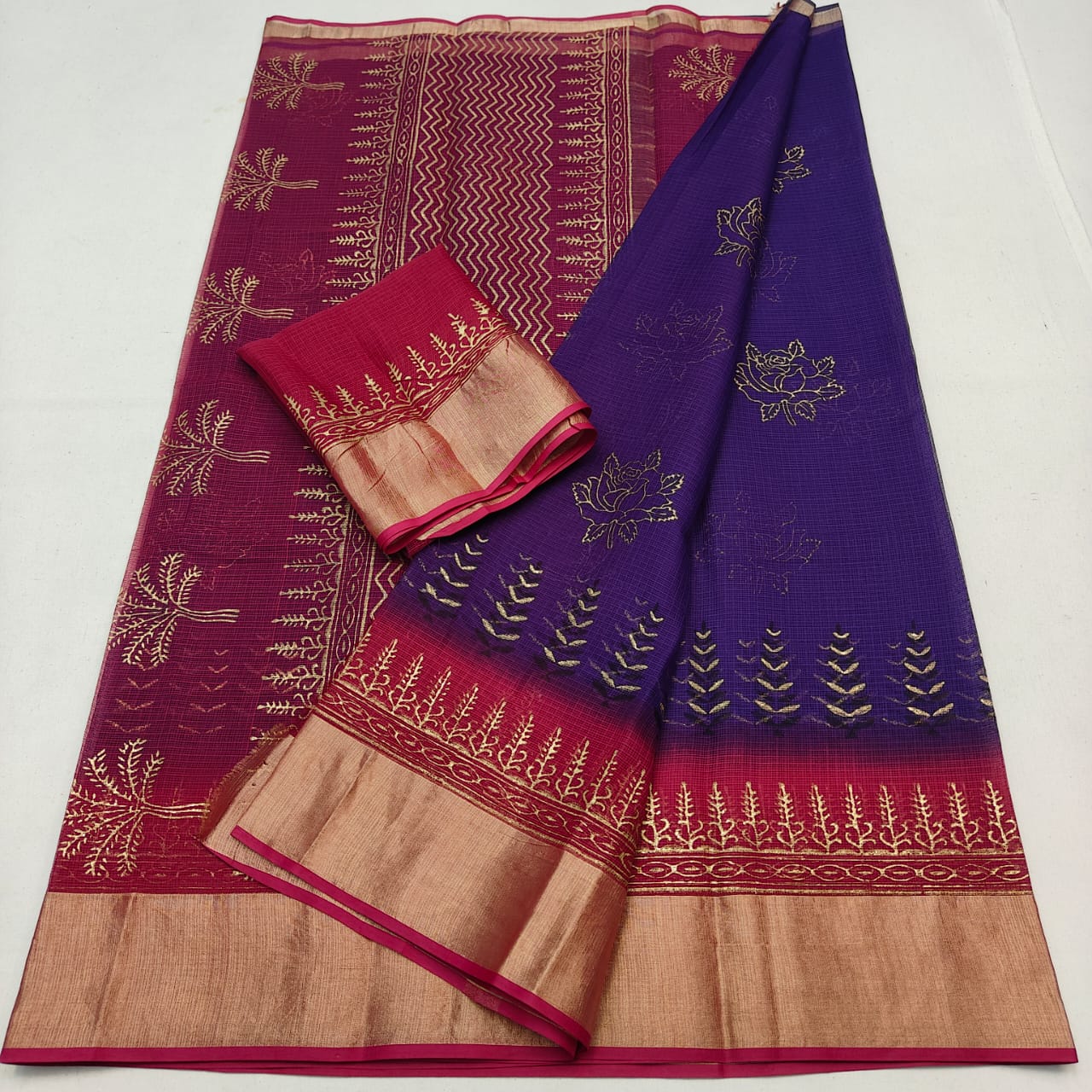 Kota Doria Pure Cotton Hand-Dyed Block Print Saree