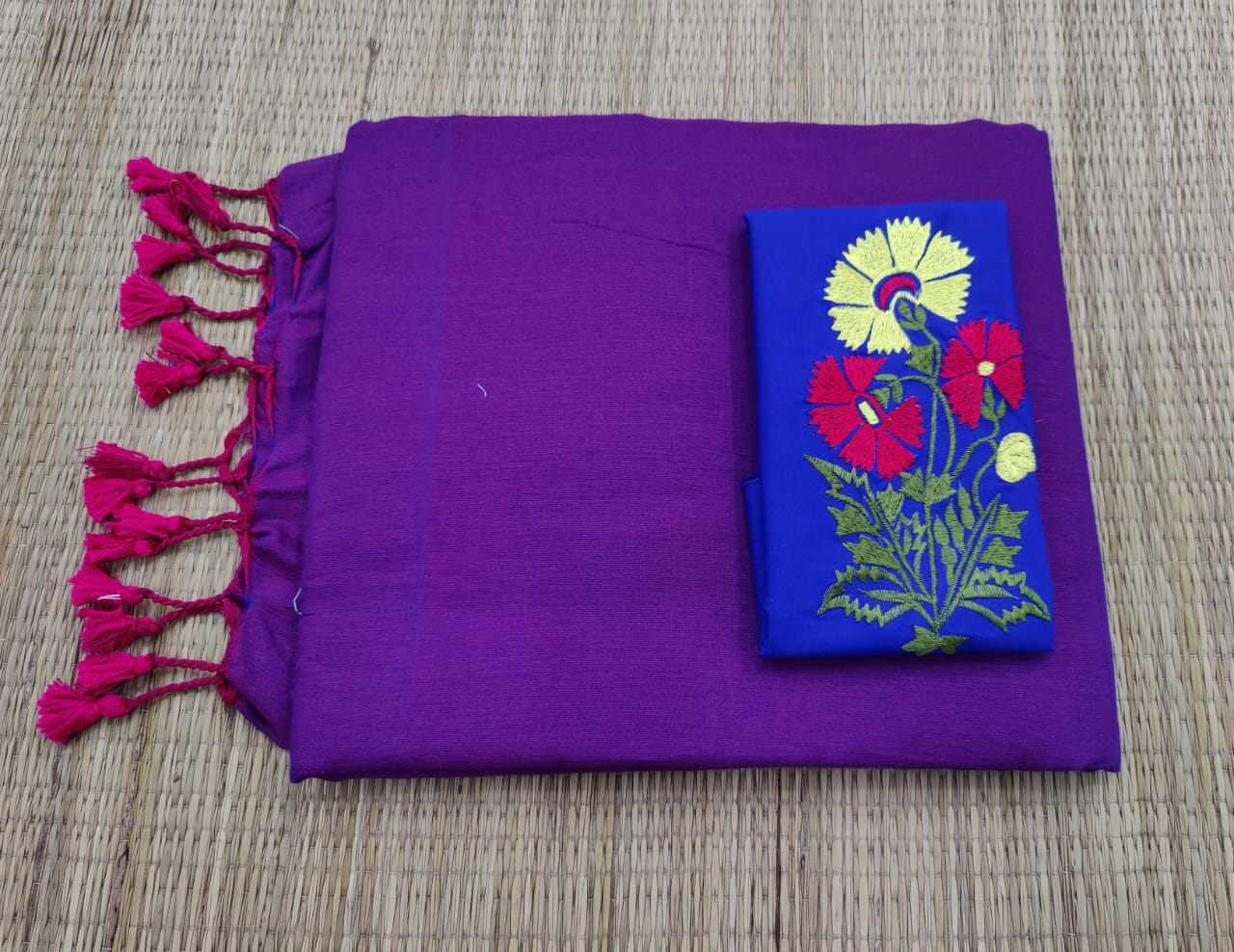 Plain cotton saree with embroidered blouse piece