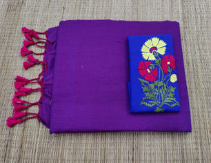Plain cotton saree with embroidered blouse piece