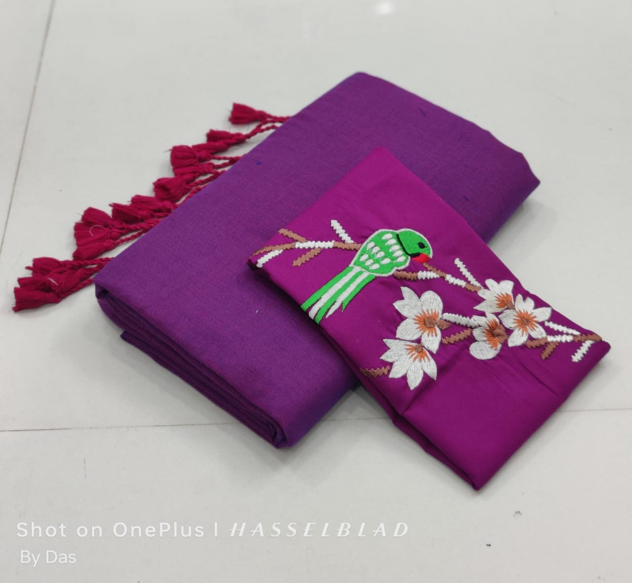 Plain cotton saree with embroidered blouse piece