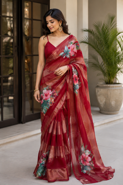 Tissue Crush & Organza Hand Brush Saree