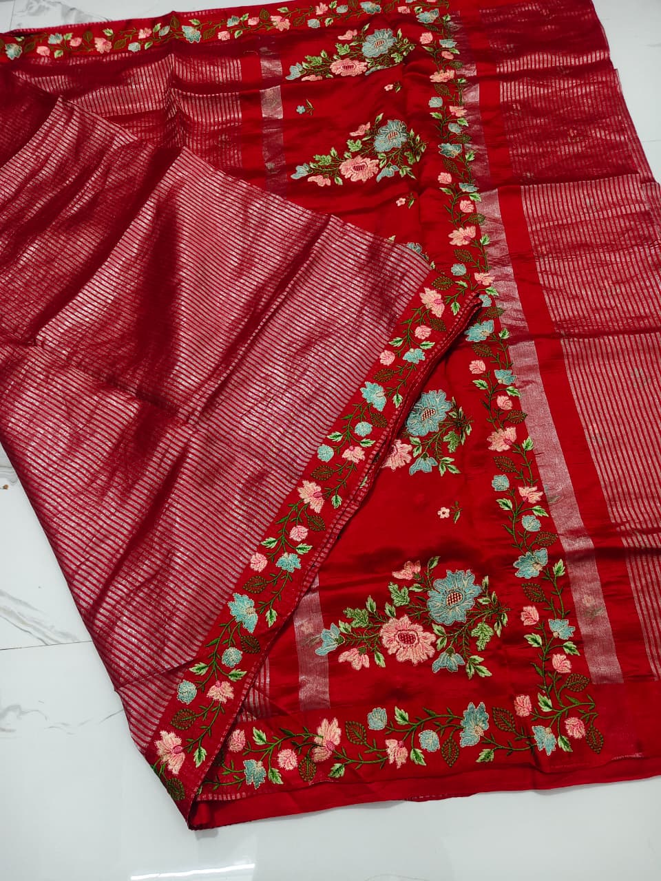 Tissue Stripe Saree with Embroidery Work