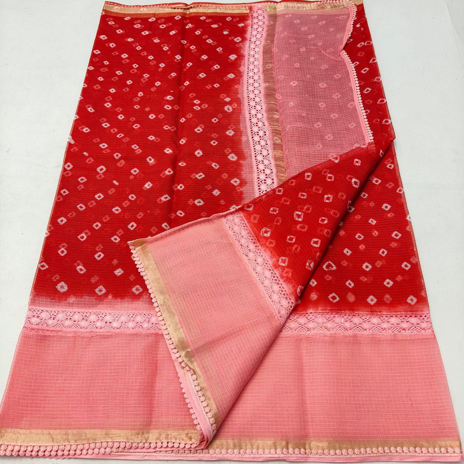 Kota Doria Bandhej Saree with Croatia Lace