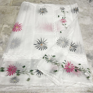 Kota Doria Crochet Lace Saree with Hand Painting