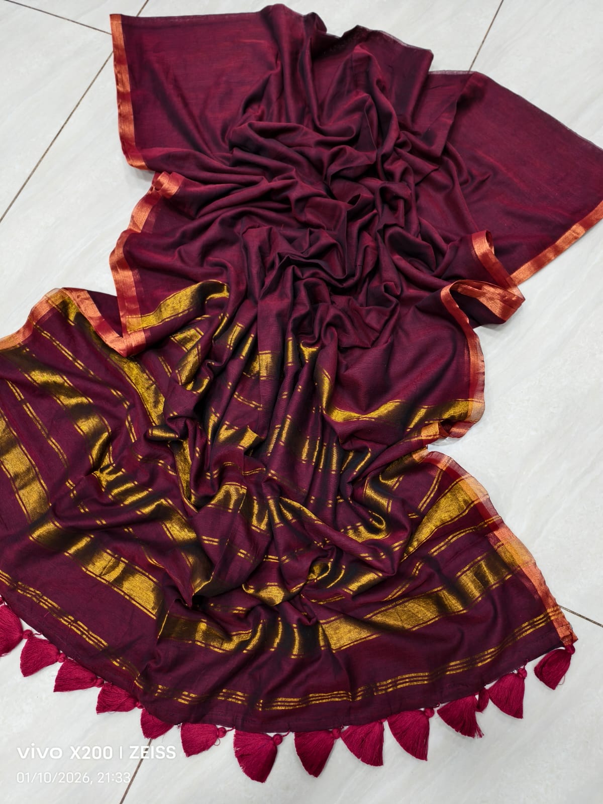 Zari Anchal Mulmul Cotton Saree