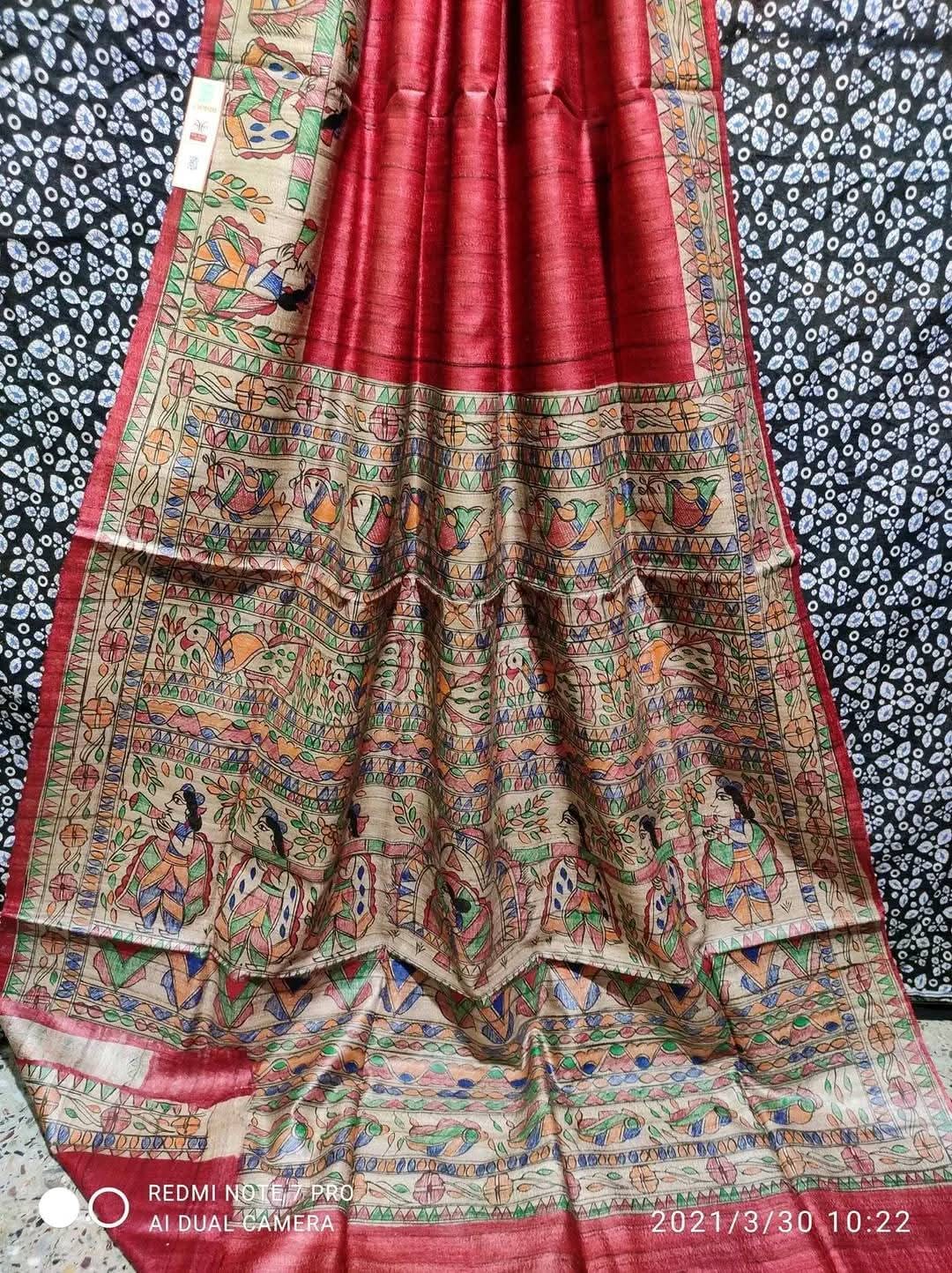 Handloom Tussar Ghicha Silk Saree with Hand-Painted Madhubani