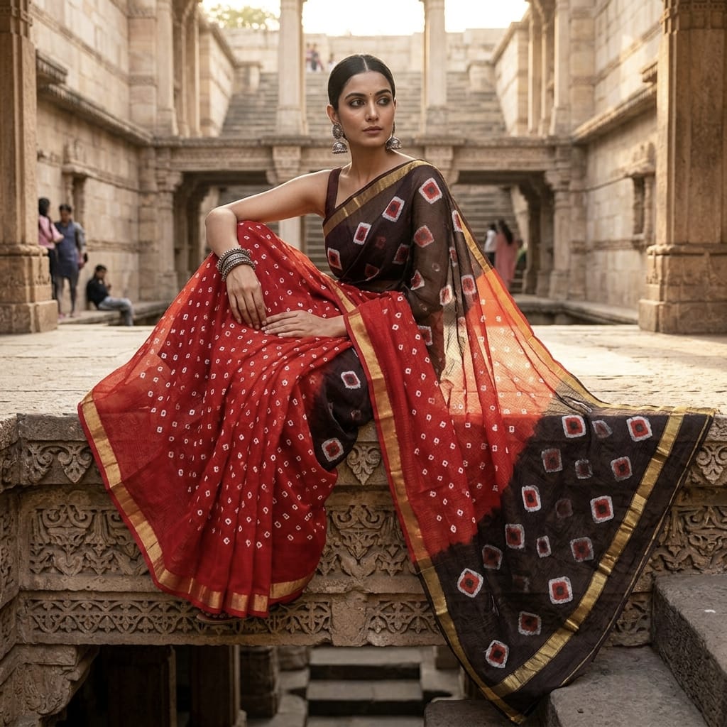 Pure Cotton Kota Doria Hand Shibori Bandhej Saree
