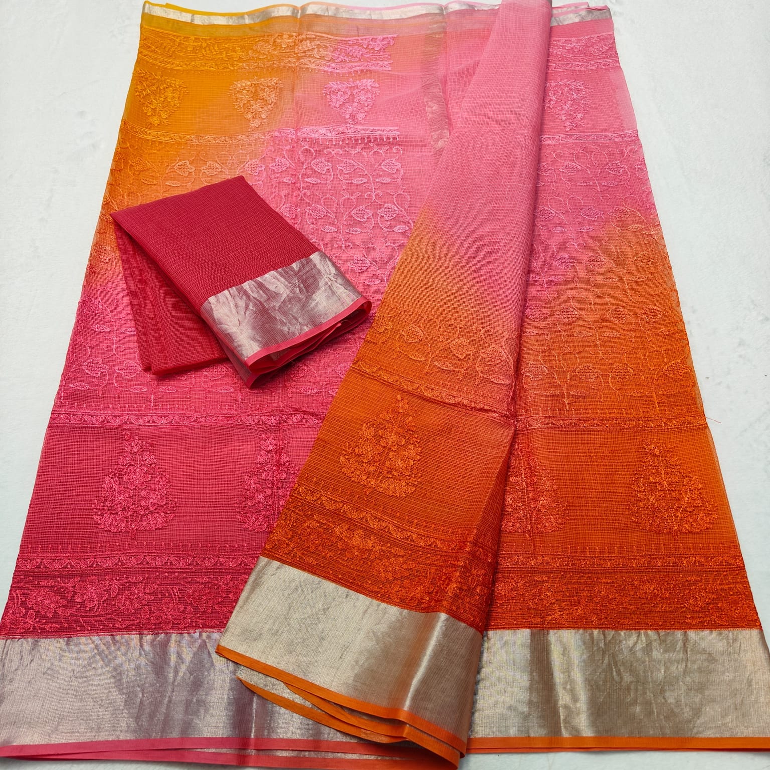 Kota Doria Chickenkari Embroidery Saree