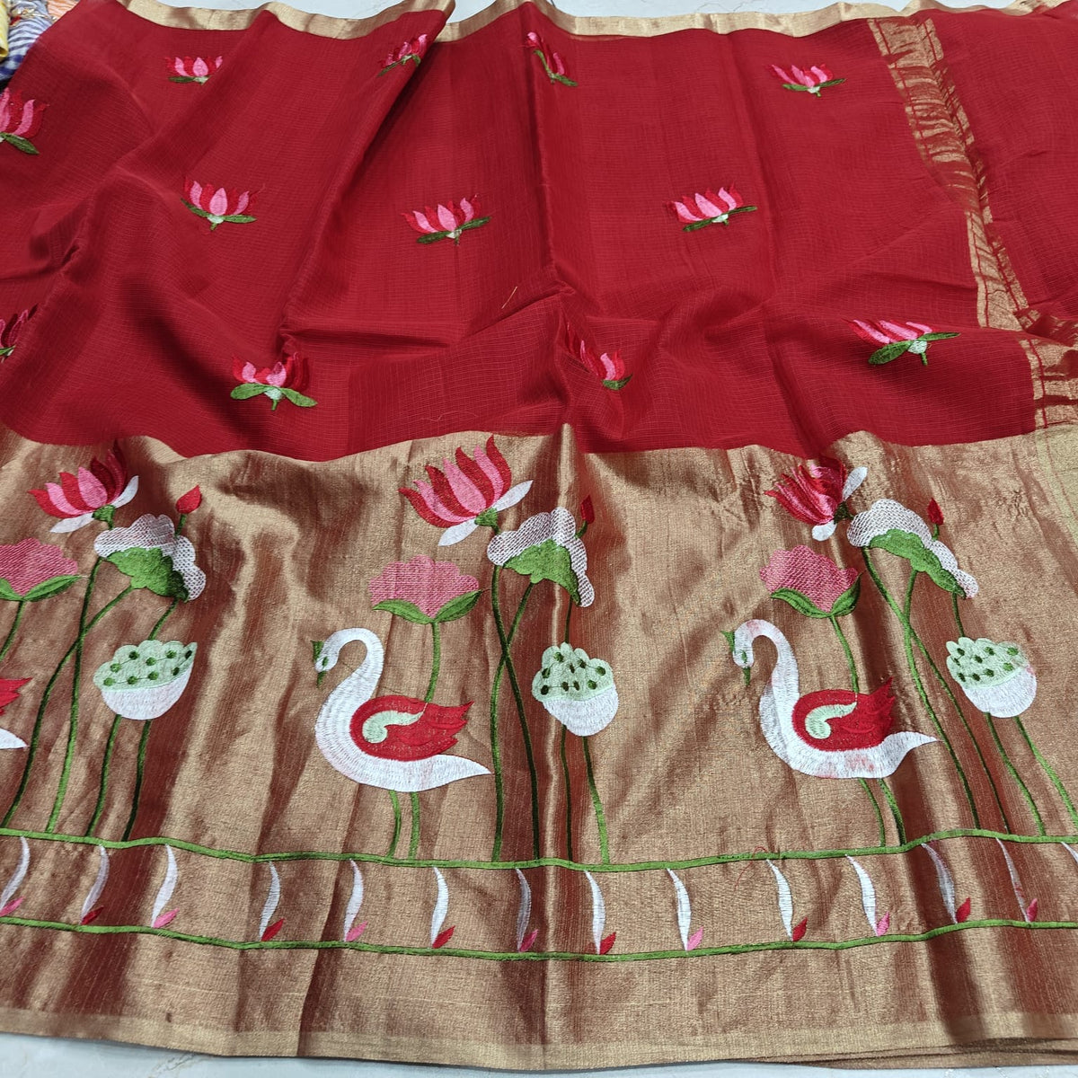 Pure Cotton Kota Doria Half Tissue Embroidery Saree