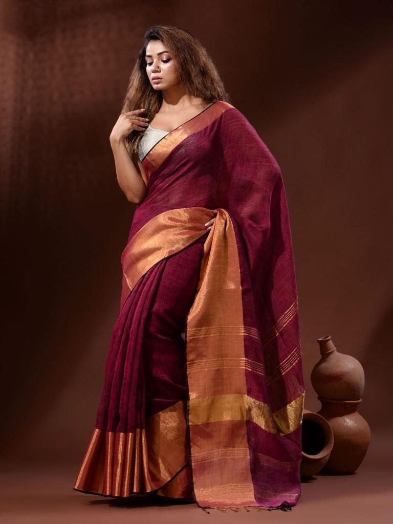 Linen Saree with Copper Zari Border