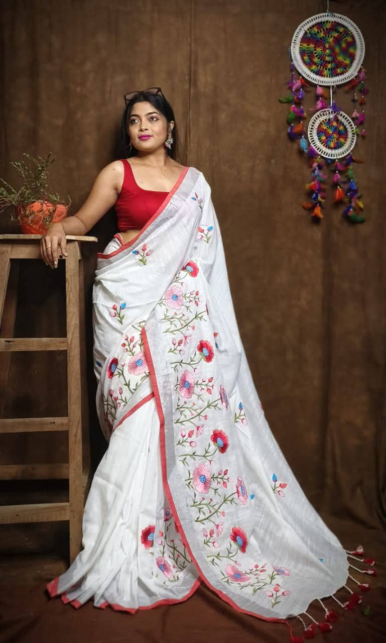 Linen by Linen Saree with Embroidery