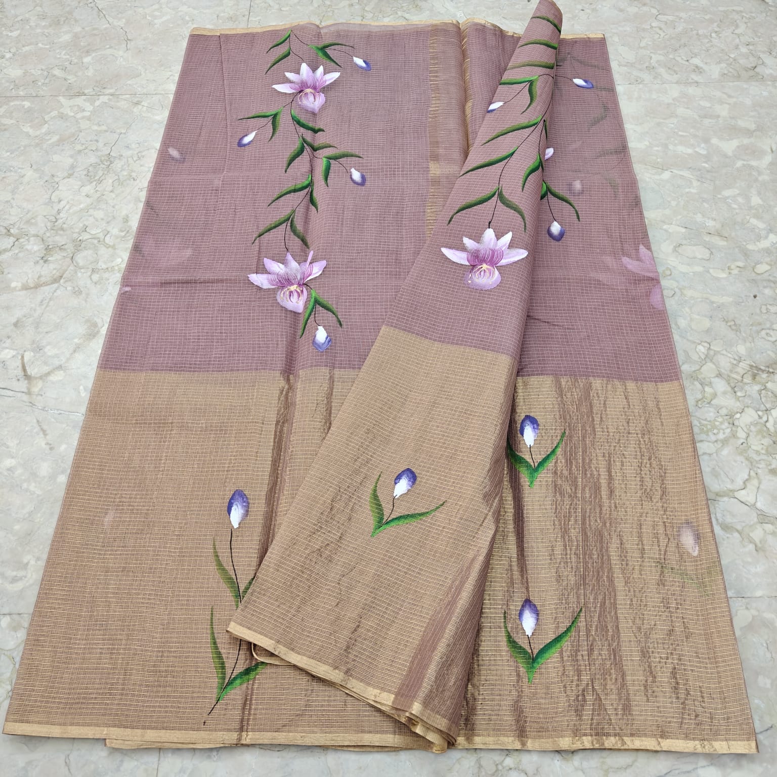 Pure Cotton Kota Half Tissue Hand Brush Paint Saree