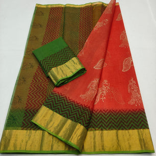 Kota Doria Pure Cotton Hand-Dyed Block Print Saree
