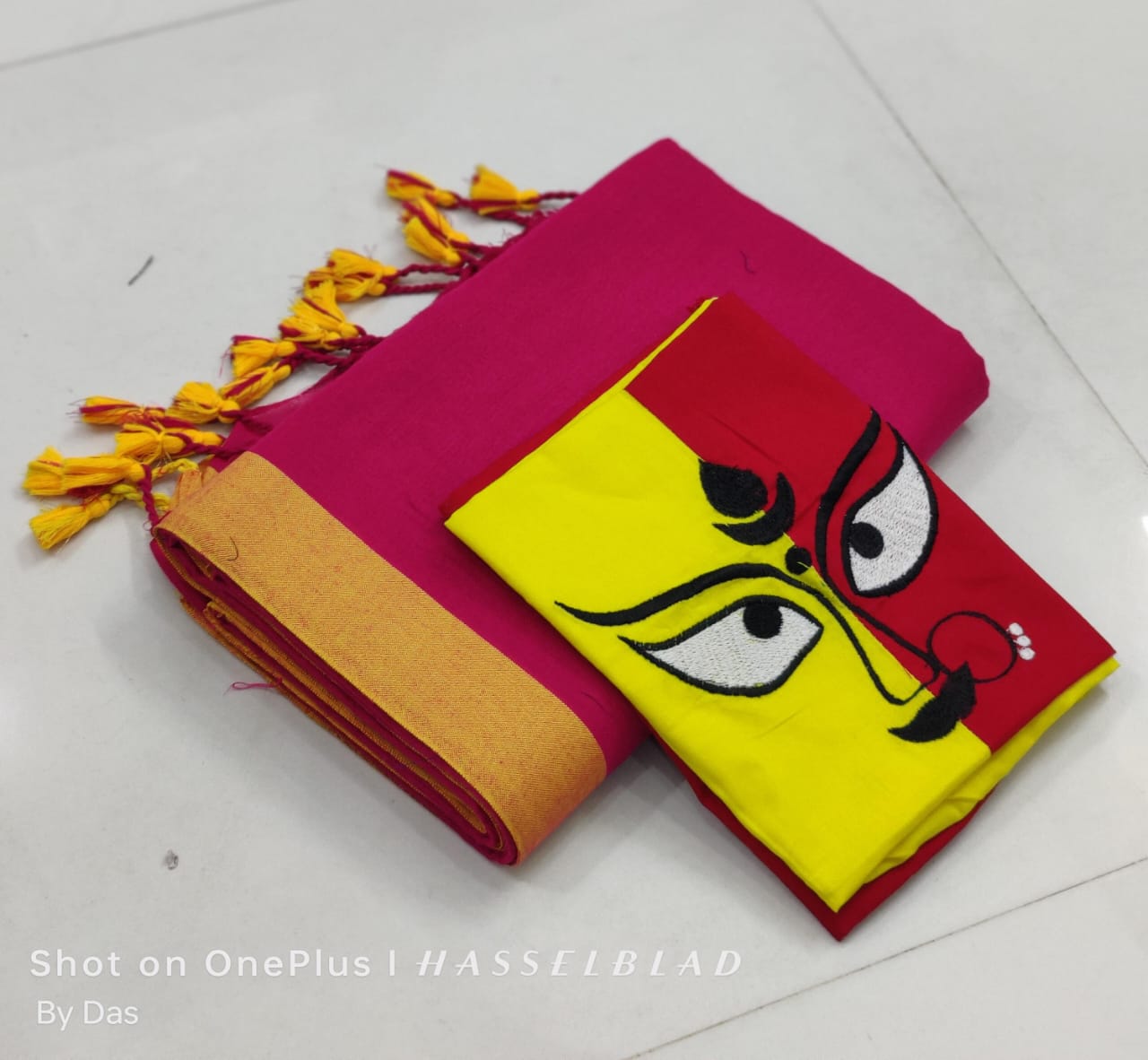 Plain cotton saree with embroidered blouse piece