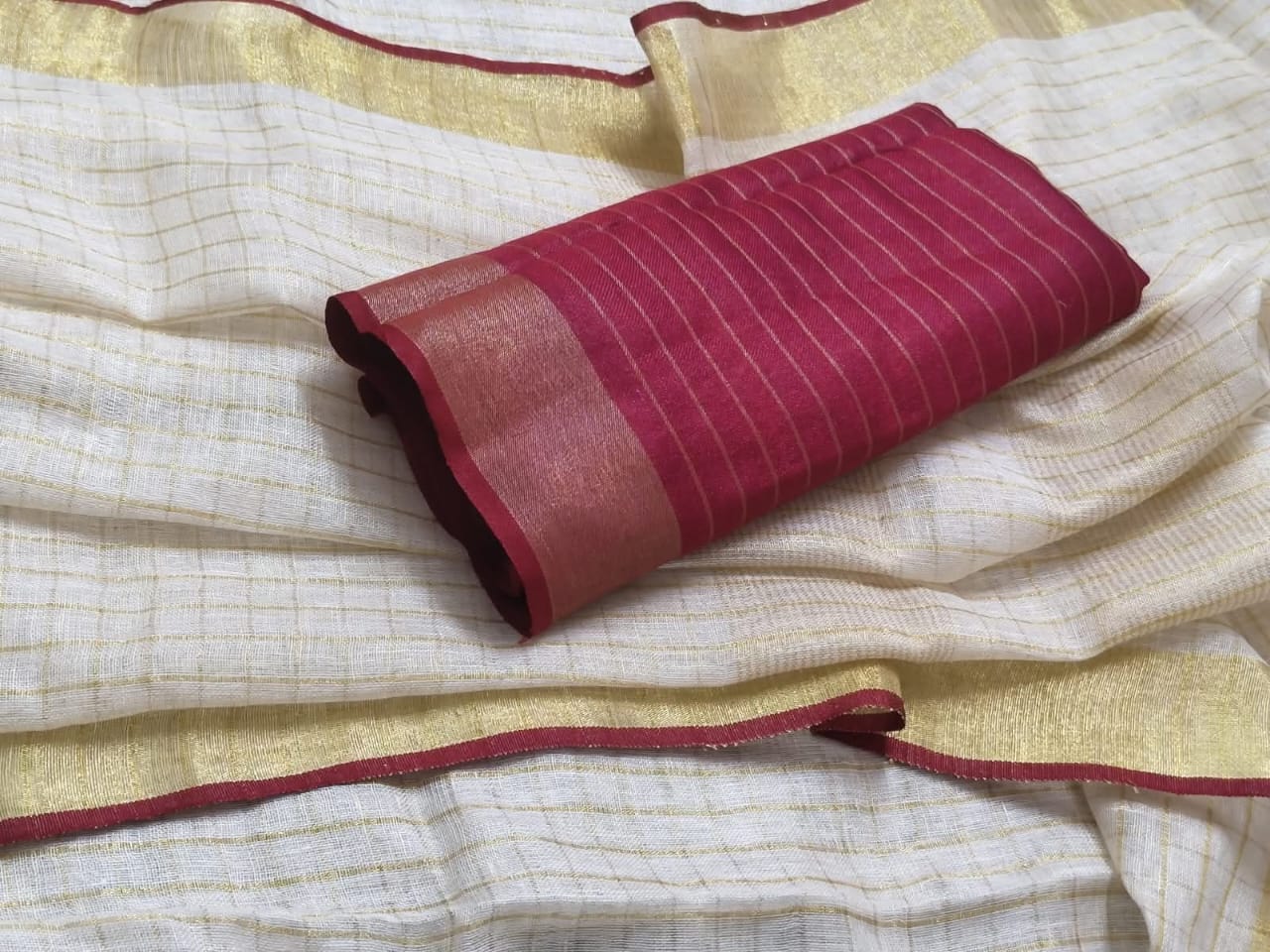 Linen by Linen Saree with Gold Zari Checks