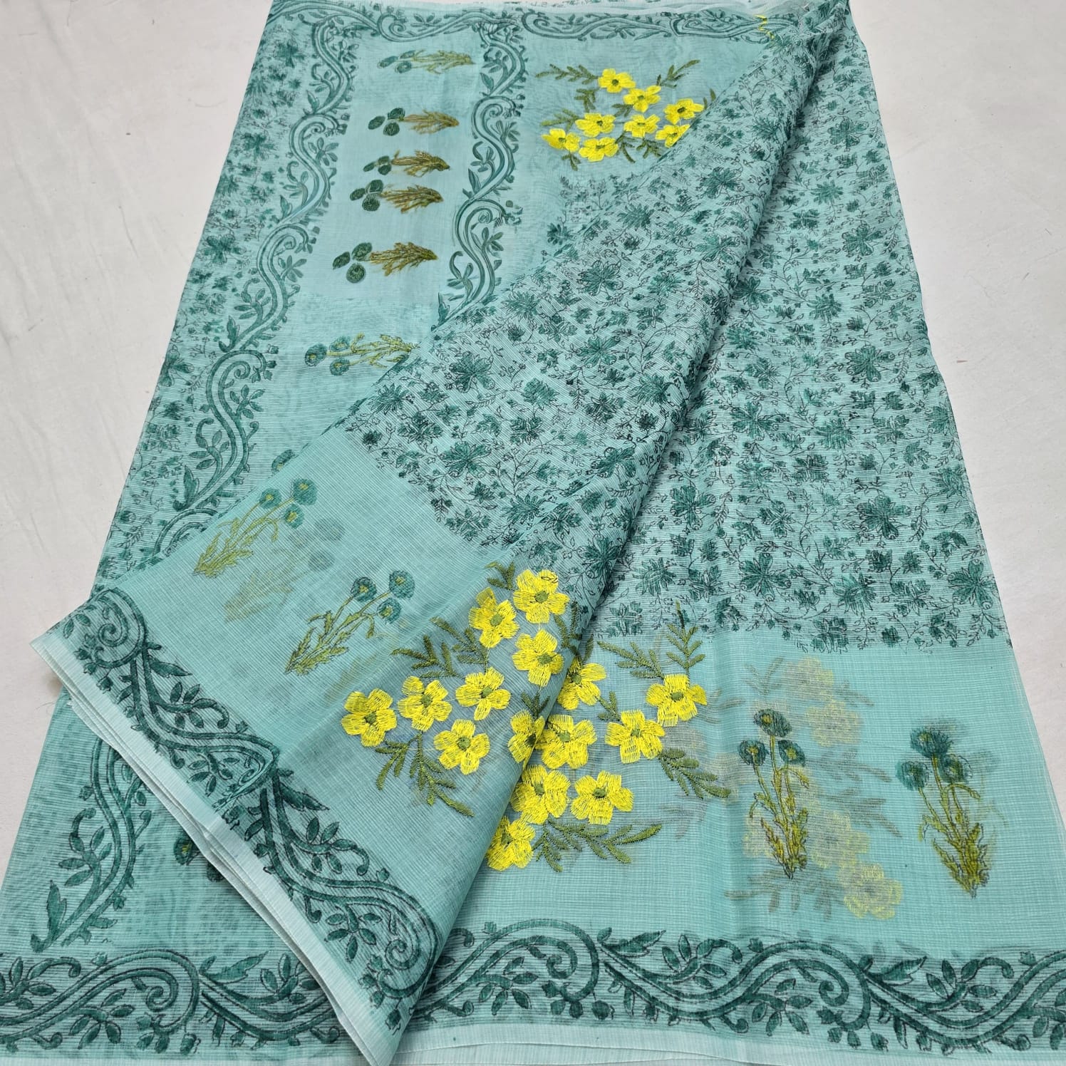 Kota Doria Embroidery Saree with Hand Block Print