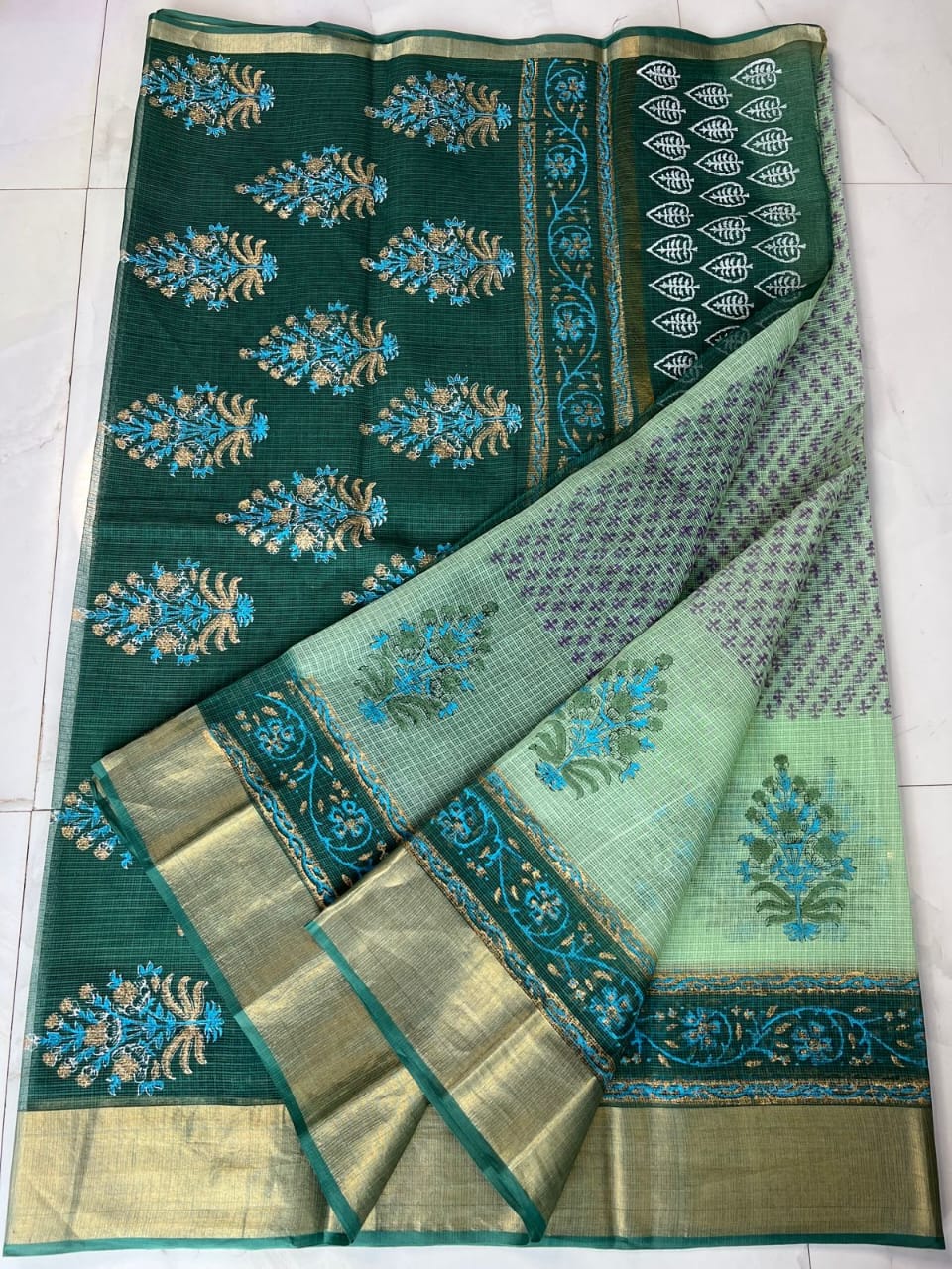 Kota Doria Pure Cotton Hand Block Printed Saree