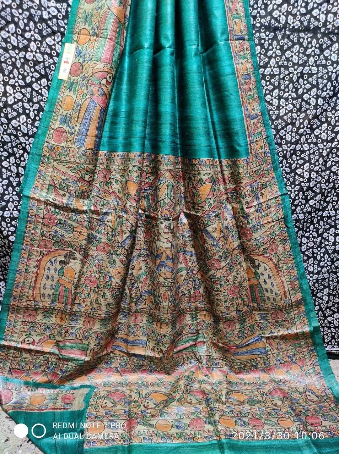 Handloom Tussar Ghicha Silk Saree with Hand-Painted Madhubani