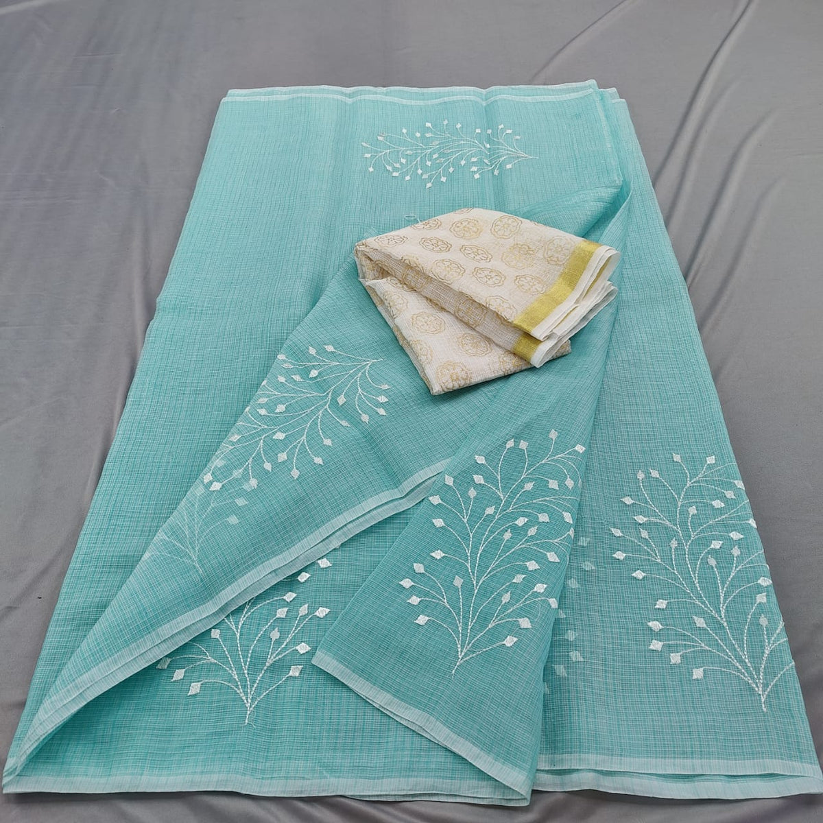 Kota Doria Mix Cotton Saree with Hand Machine Embroidery