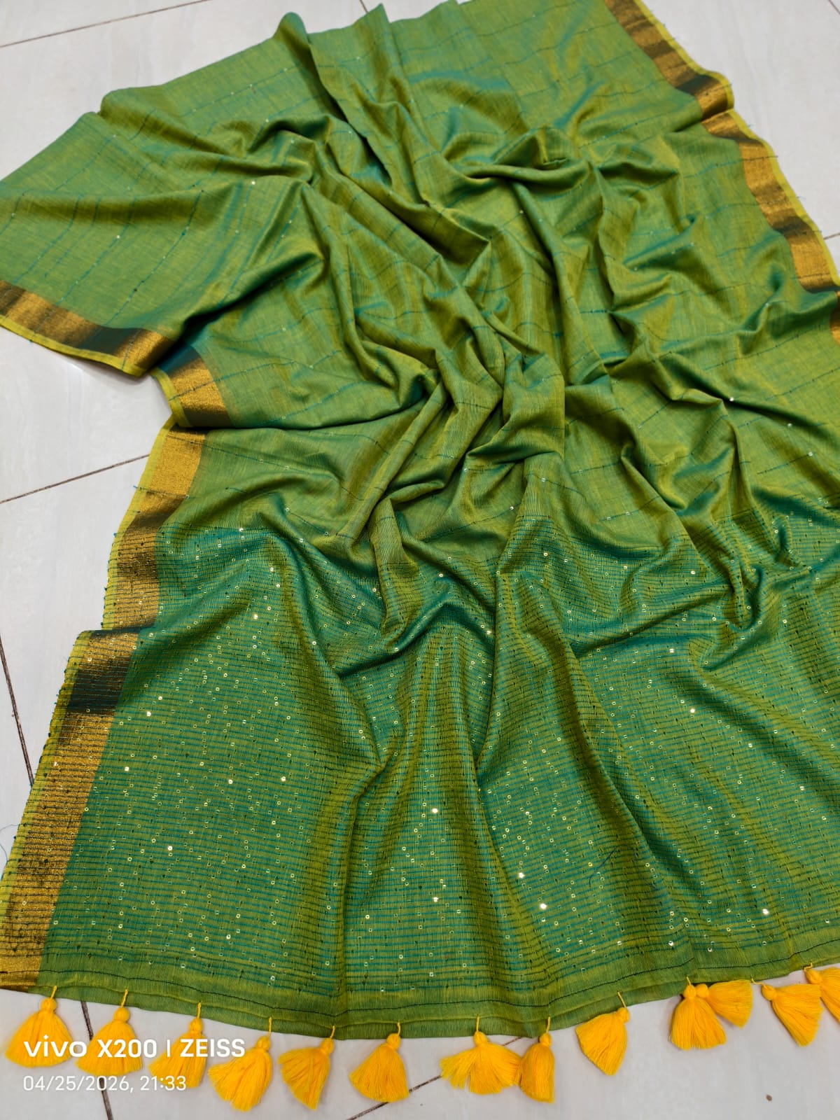 Handloom Sequins Cotton Saree with Zari Border