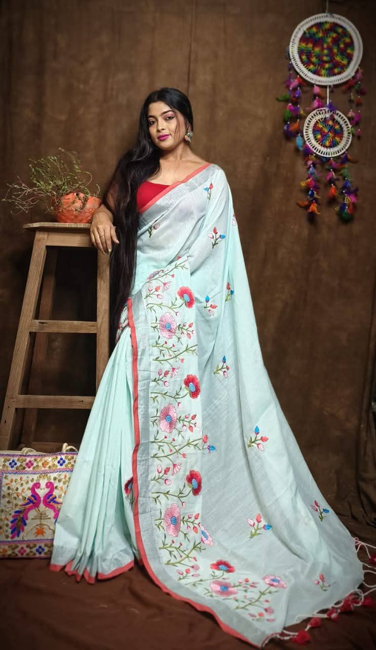 Linen by Linen Saree with Embroidery