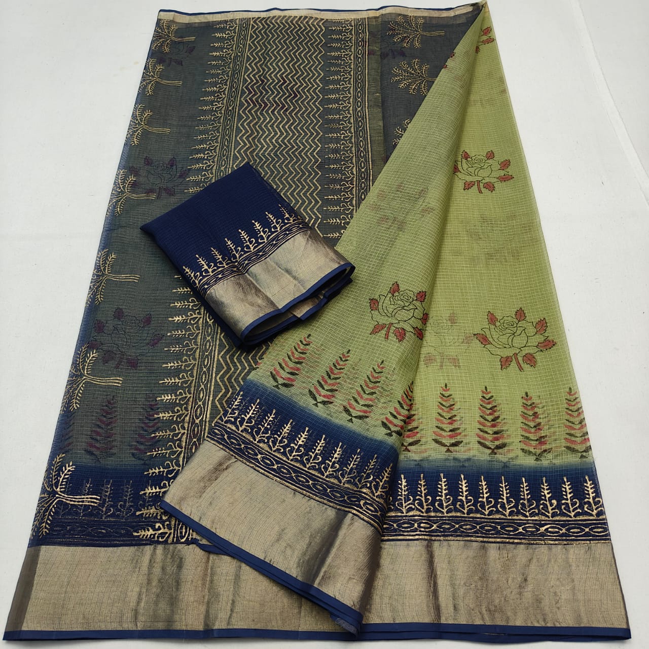 Kota Doria Pure Cotton Hand-Dyed Block Print Saree