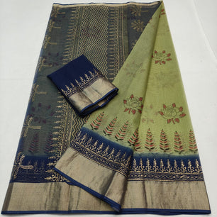 Kota Doria Pure Cotton Hand-Dyed Block Print Saree