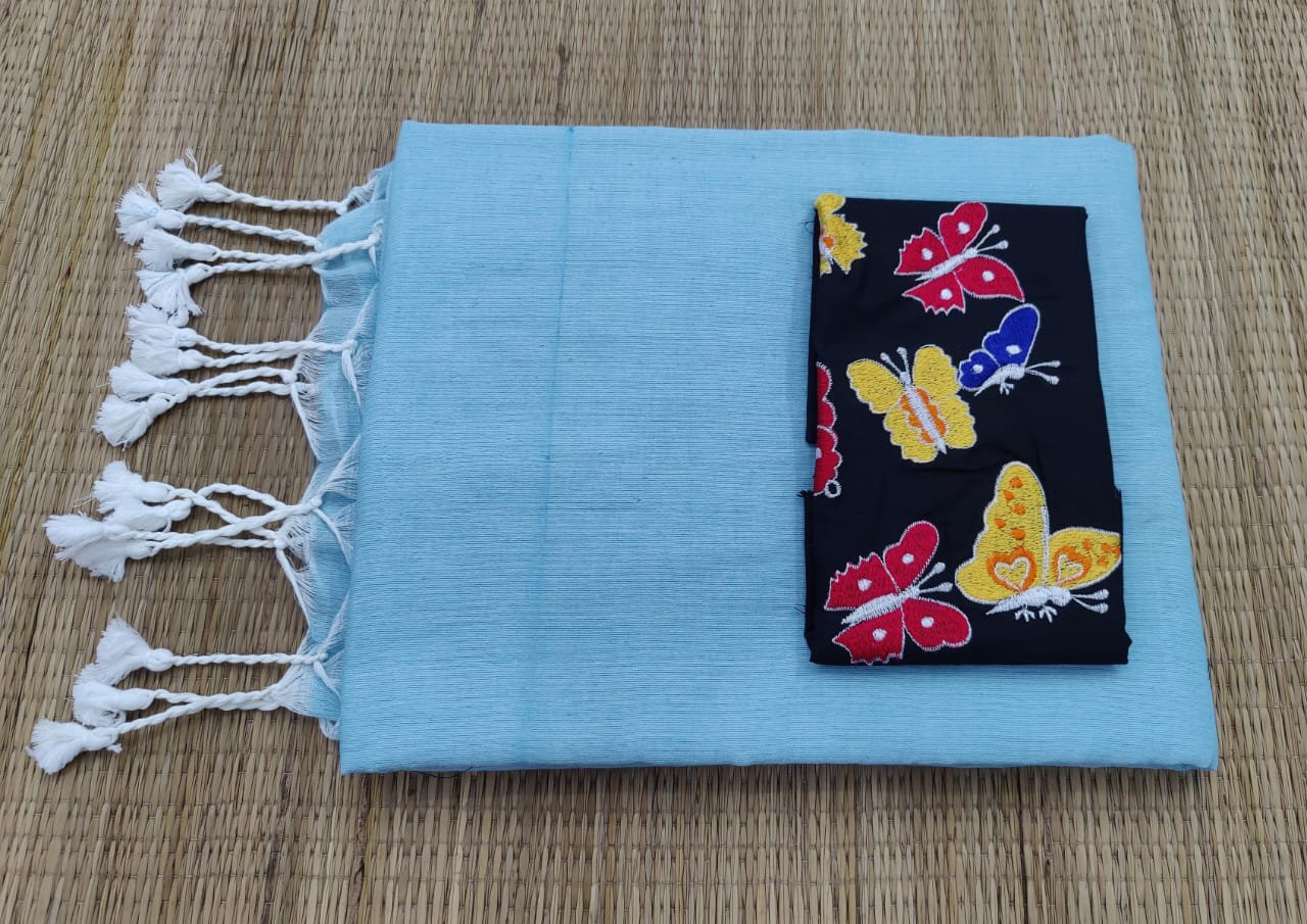 Plain cotton saree with embroidered blouse piece