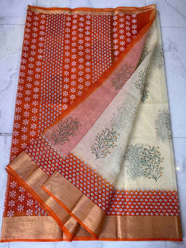 Kota Doria Pure Cotton Hand Block Printed Saree