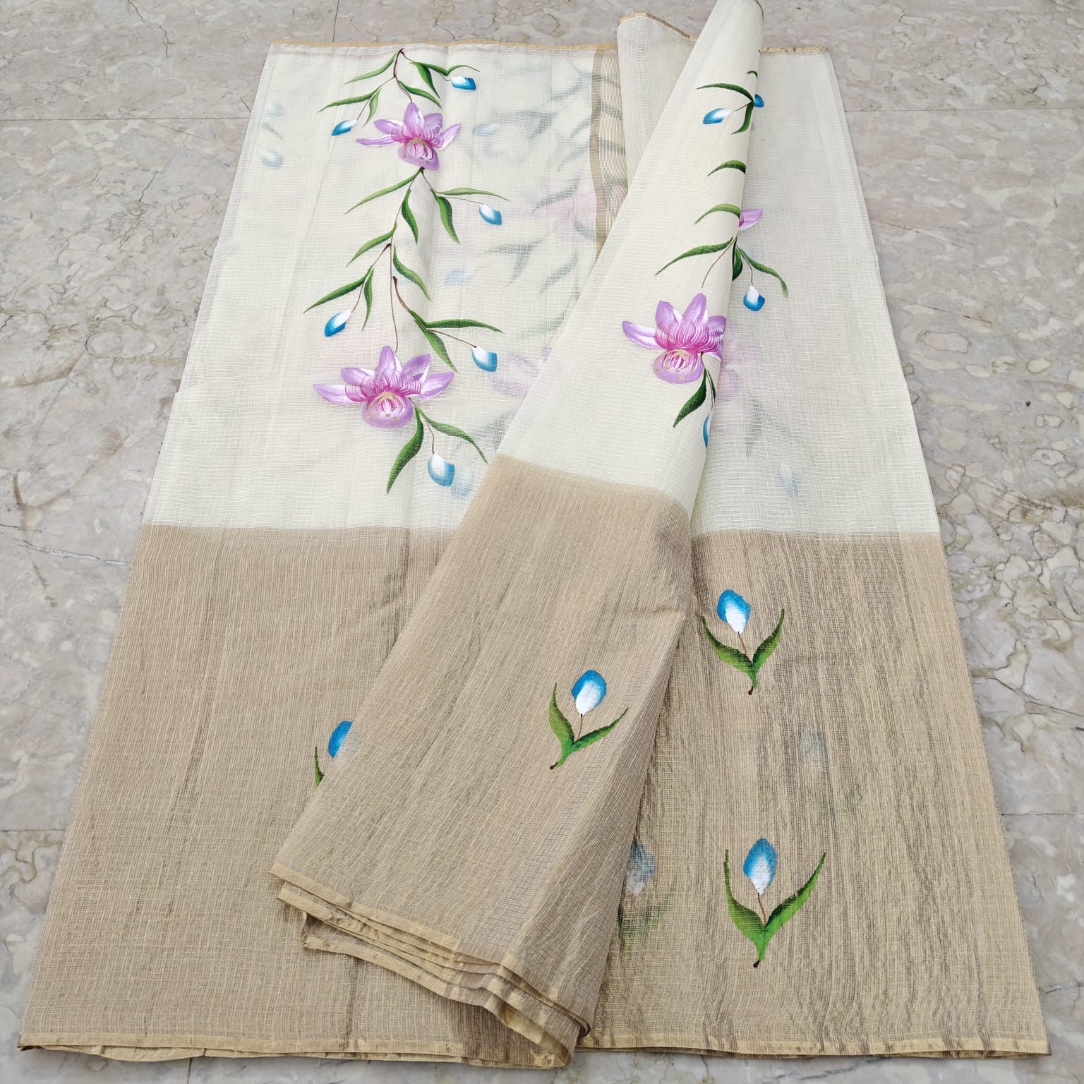 Pure Cotton Kota Half Tissue Hand Brush Paint Saree