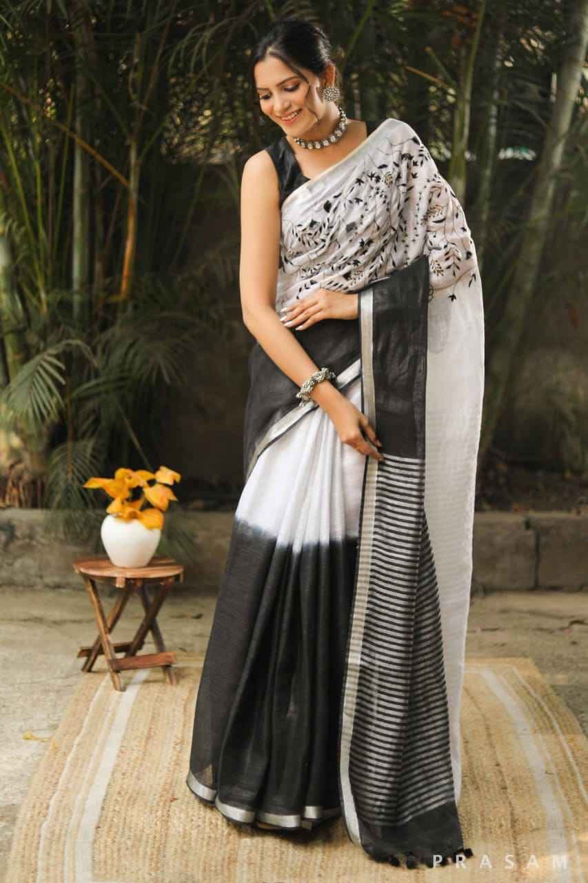 Linen Saree with Embroidery Work