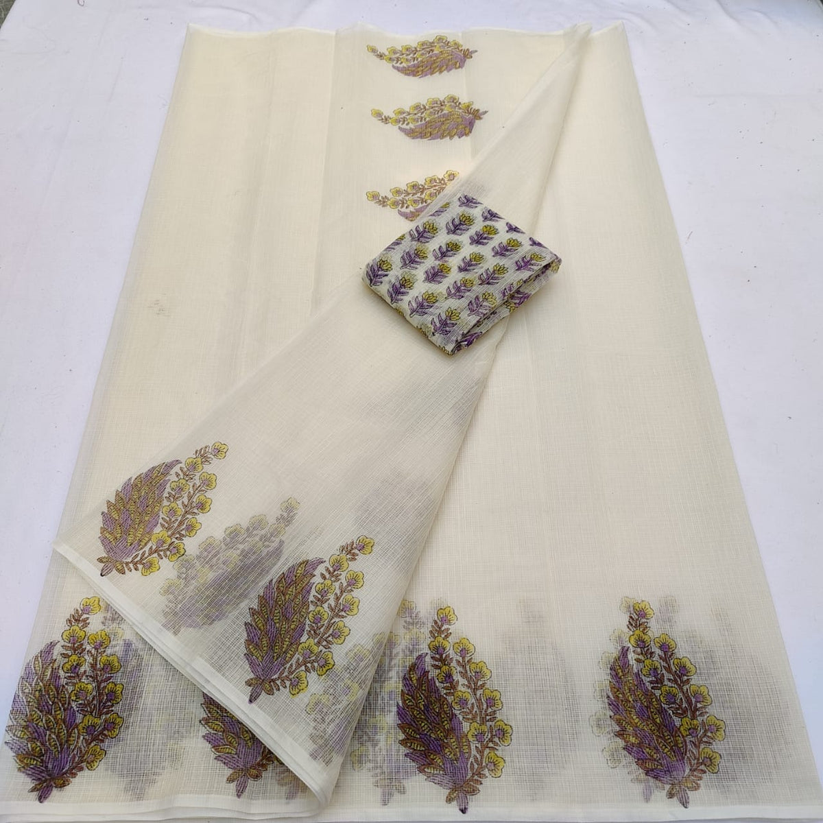 Kota Doria Mix Cotton Hand Block Printed Saree