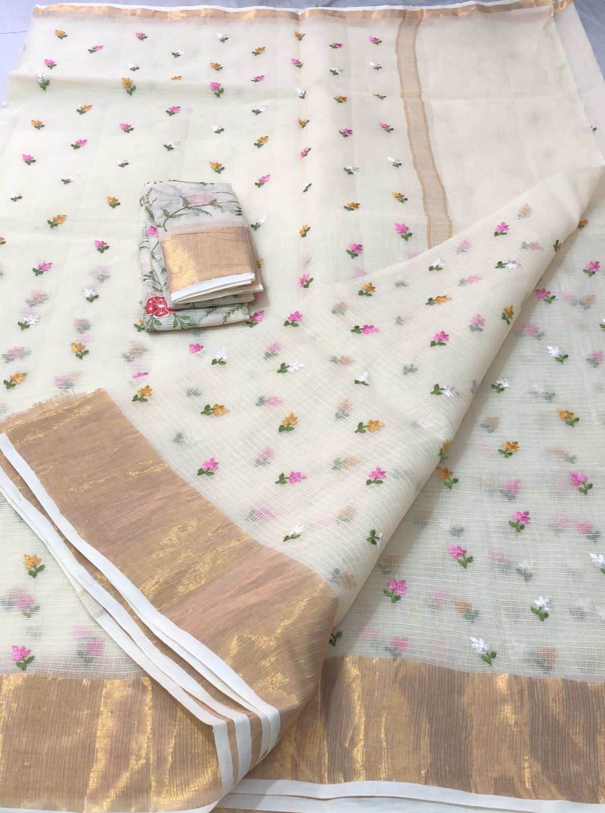 Pure Kota Doria Cotton Embroidery Saree