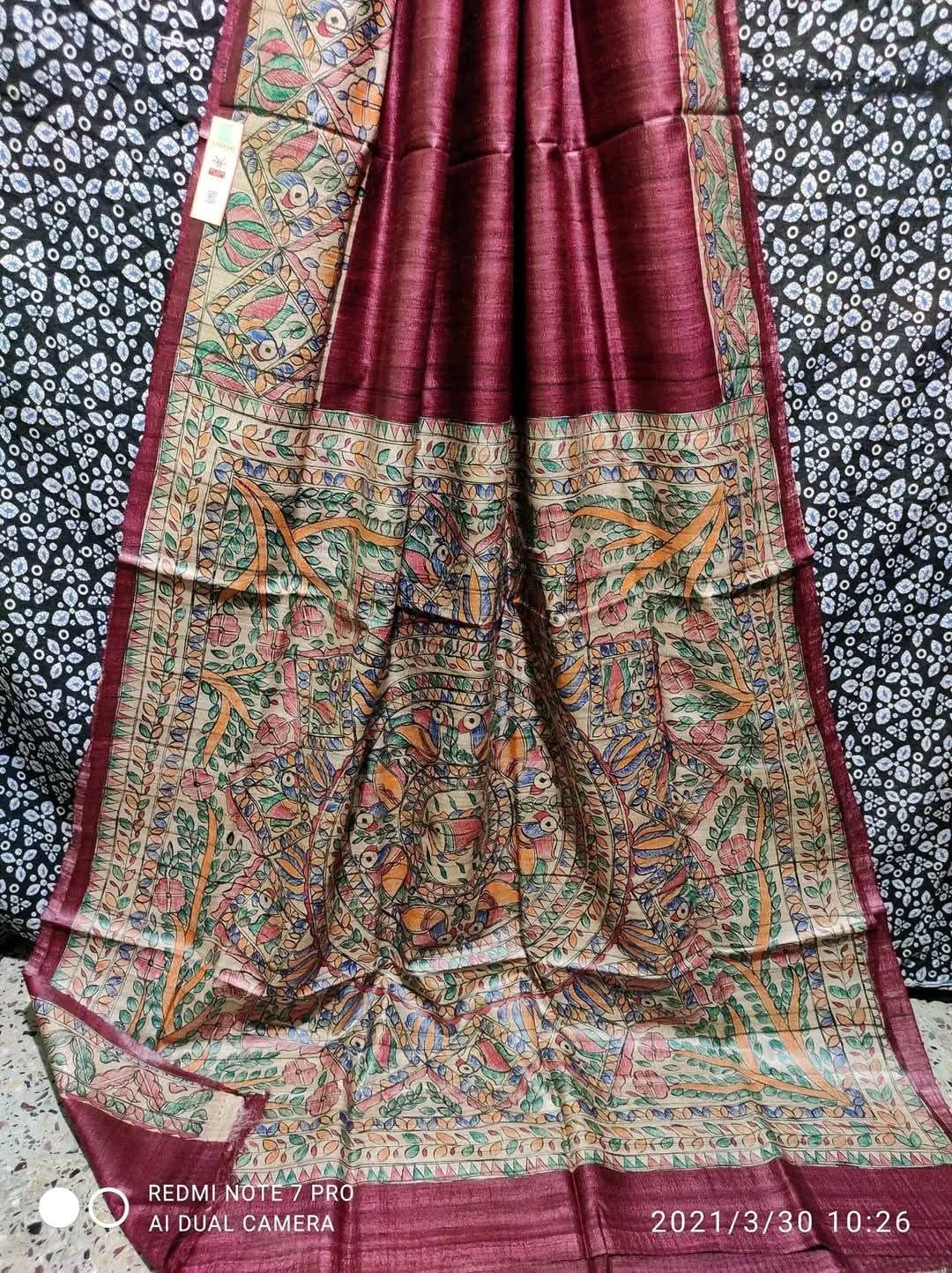Handloom Tussar Ghicha Silk Saree with Hand-Painted Madhubani