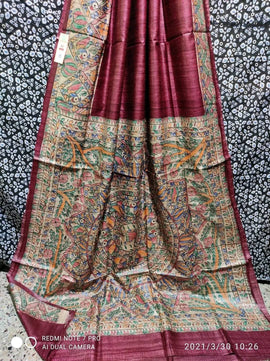 Handloom Tussar Ghicha Silk Saree with Hand-Painted Madhubani