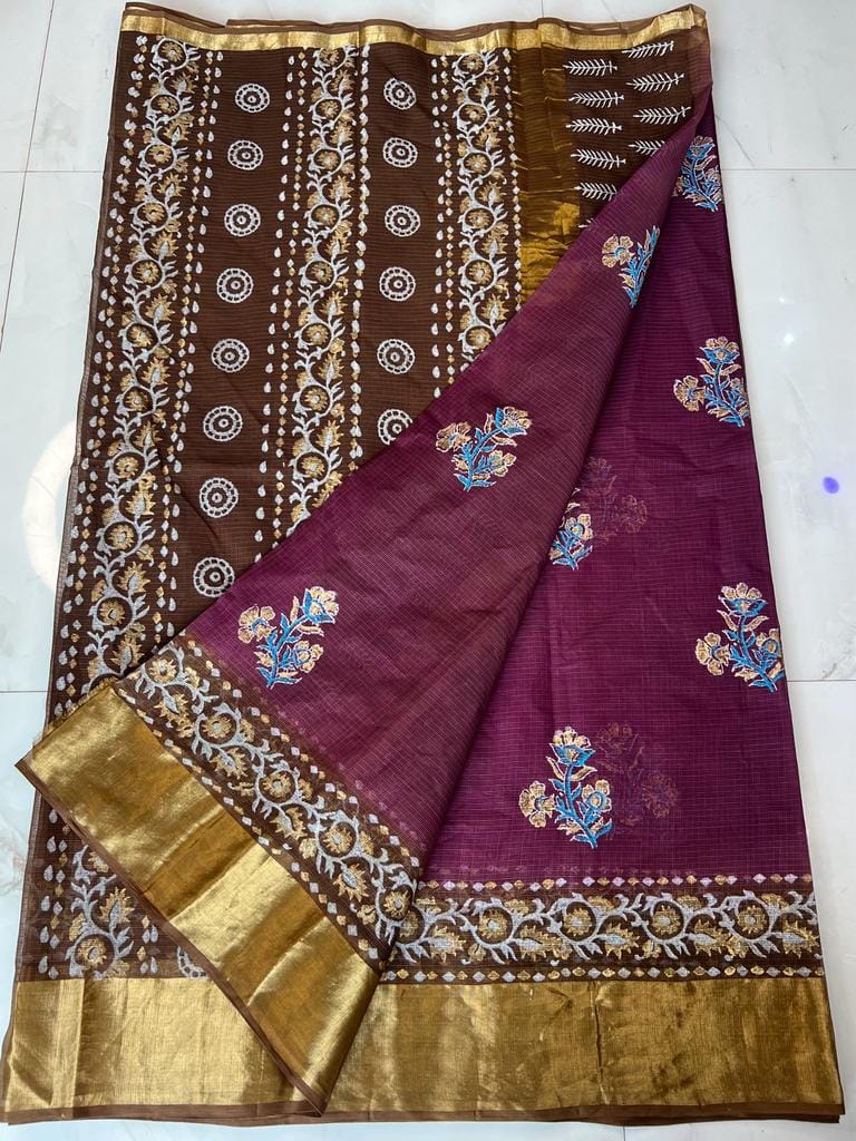 Kota Doria Pure Cotton Hand Block Printed Saree