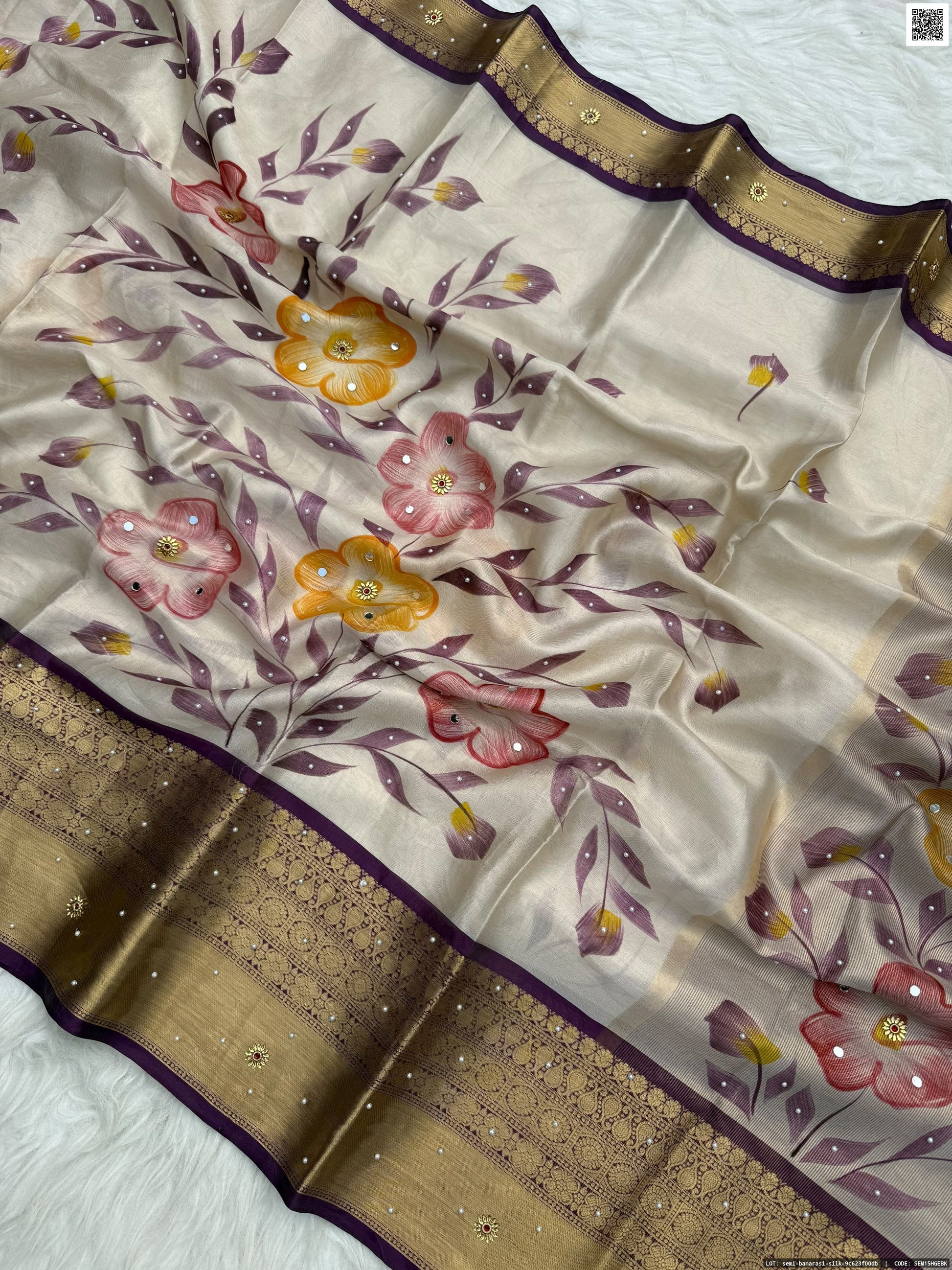 Hand Printed Tissue Bridal Saree with Mirror & Lace Work