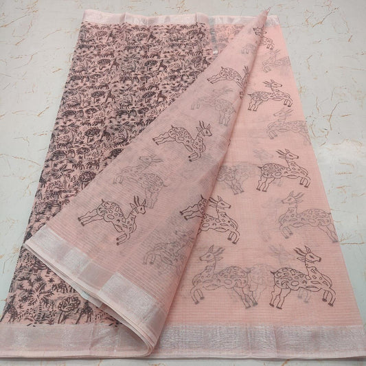 Kota Doria Soft Cotton Hand Block Printed Saree