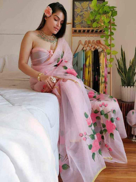Kota Cotton Saree with Hand Brush Print